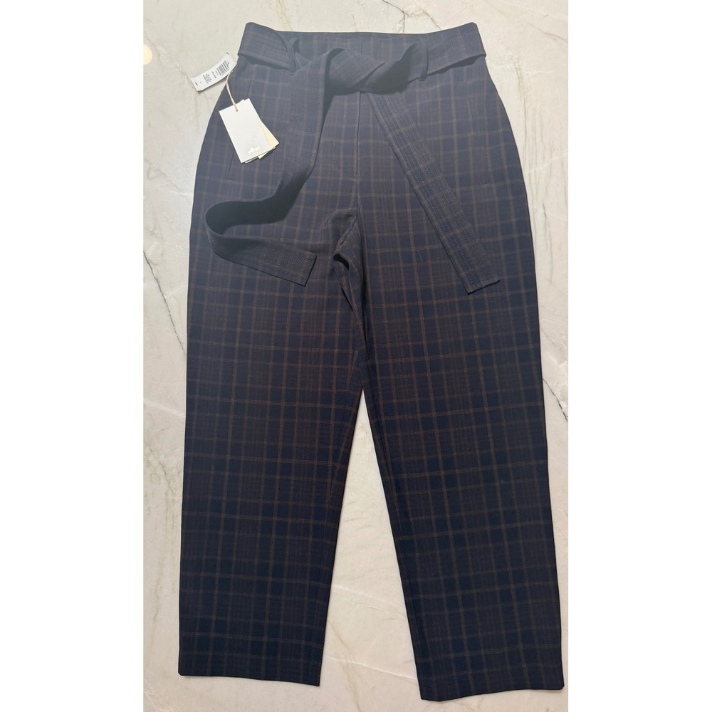 Wilfred Aritzia Jallade Pants Navy Forest Mac Plaid Belted High Waist Size 8 NEW